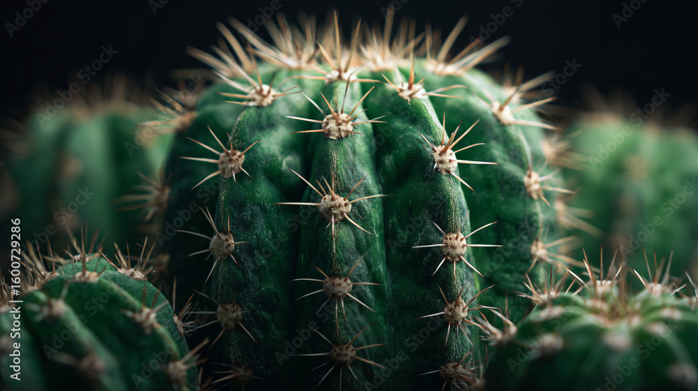 Poster a close up shot showing a group of green cacti with sharp spines in a dark setting