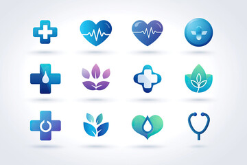 Blue Gradient Healthcare Icon Set: Cross, Heart Pulse, Stethoscope & Capsule
