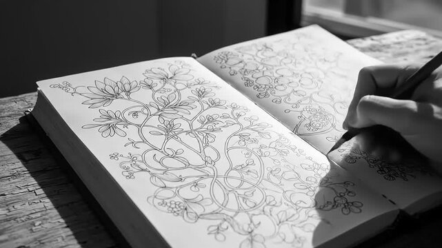 Hand sketching intricate floral designs in a notebook by a sunlit window with shadows