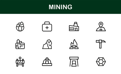 Mining Operations Modern Line Icon Pack – Professional Minimal Collection of Excavation Machinery Pickaxe Helmet Conveyor Ore Cart Symbols for Marketplaces