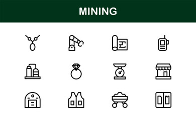 Mining Operations Modern Line Icon Pack – Professional Minimal Collection of Excavation Machinery Pickaxe Helmet Conveyor Ore Cart Symbols for Marketplaces