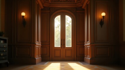 Elegant wooden entryway with arched doorway.
