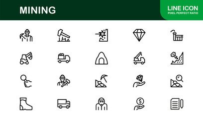 Mining Operations Modern Line Icon Pack – Professional Minimal Collection of Excavation Machinery Pickaxe Helmet Conveyor Ore Cart Symbols for Marketplaces