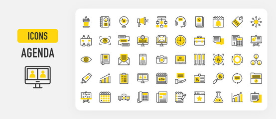 Agenda icons. Eye, Wall Clock, Calculator, Growth, Team, Networking, Advice, Quick Response Code, Process, Tag, Video Call, List, Customer Support, Workflow vector stroke illustration.	