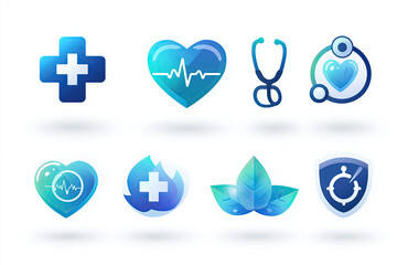Blue Gradient Healthcare Icon Set: Cross, Heart Pulse, Stethoscope & Capsule
