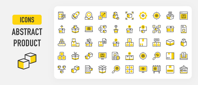 Abstract product icons. Price List, Launch, In Stock, Scalable, Feature, Product, Unit, Box, Target, Module, Application, Open Unit, Extendable, Package Box vector stroke illustration.	