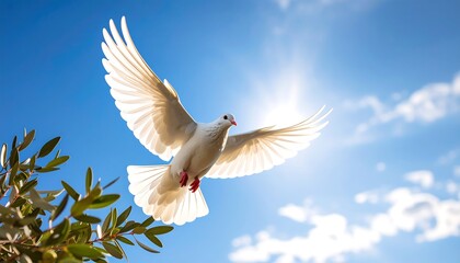 White dove soars in bright blue sky