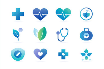 Blue Gradient Healthcare Icon Set: Cross, Heart Pulse, Stethoscope & Capsule
