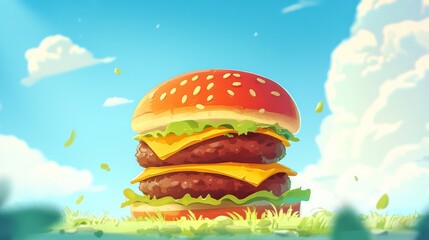 Cartoon burger on grassy field, sunny day, food illustration, stock photo