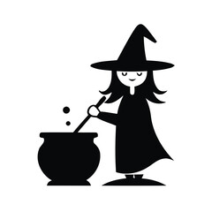Cartoon witch stirring a cauldron silhouette isolated on white background