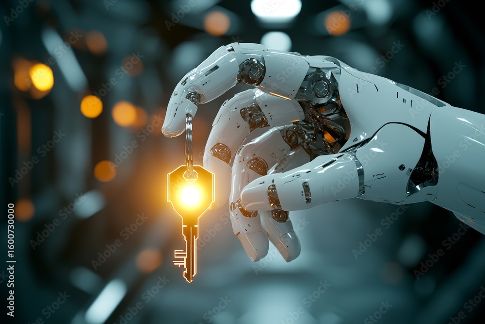 Poster a futuristic robotic arm grips a glowing key in a sophisticated high-tech setting. the ambient light