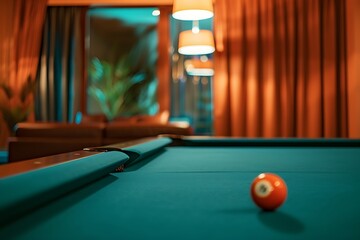Billiard ball on a pool table in a recreation room setting for leisure and game enjoyment