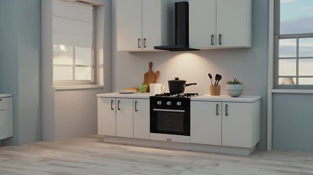 stylized 2D animation simple kitchen space limited tools ingredients conveying minimalism focus essentials perfect clean cooking tutorials educational 4K explainer