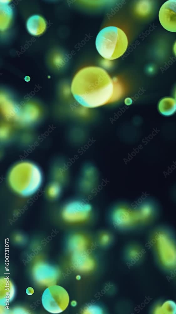 Poster floating translucent green spheres with reflections and lighting effects in a dark abstract space