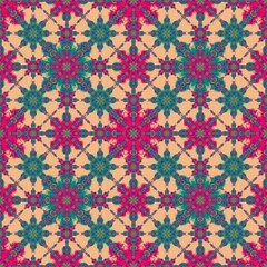seamless floral pattern,curves, purple, pink, green, and color to flowers shape,insects, and leaves,background is brown in geometric patterns for sarong, batik, printed fabric,tablecloth patterns.