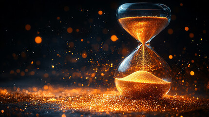 Hourglass with falling golden sand, sparkles background