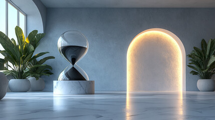 Hourglass in modern room with archway, plants, and window