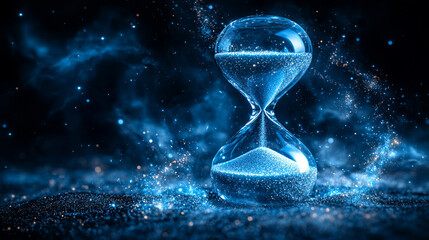 Hourglass with blue sand on dark, sparkling background, time passing