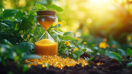 Hourglass with plant in garden, golden sunset, time growth