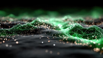 Futuristic digital landscape with glowing green network and data points, representing technology, innovation, and modern communication systems.