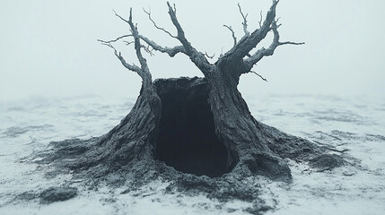Hollow dead tree in desolate snowy landscape, misty background, potential shelter