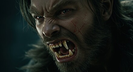 Close-up of a fierce werewolf snarling with sharp teeth and intense gaze