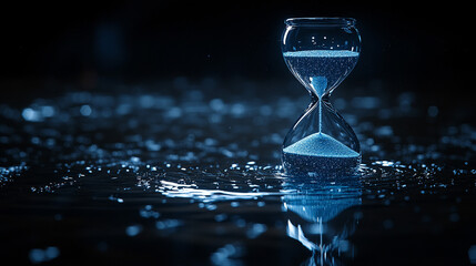 Hourglass in water with falling sand, dark background, time concept