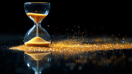Hourglass with golden sand on reflective surface, dark background, dust particles