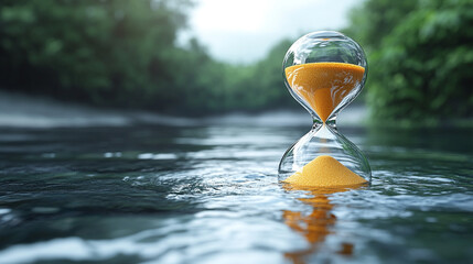 Hourglass in river, time flows, lush forest background, environment concept