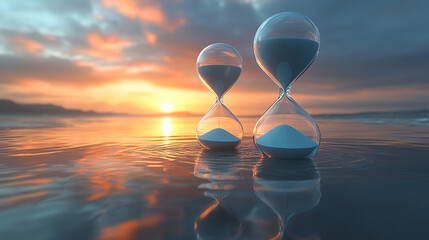 Hourglasses on beach at sunset, time running out