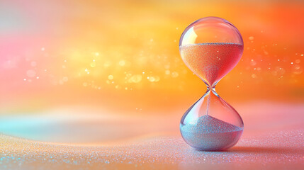 Hourglass on sand, gradient background, time passing, bokeh lights