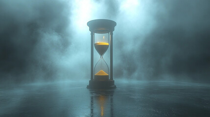 Hourglass with flowing sand in smoky dark room (1)