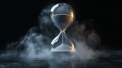 Hourglass with flowing sand in smoky dark room