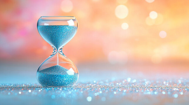 Hourglass with blue sand on glitter, bokeh background