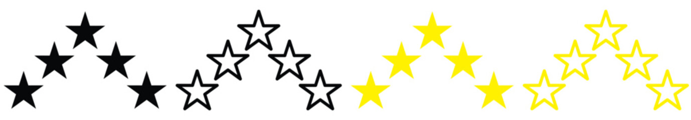 Quality rating symbols. A set of five-pointed yellow stars with a shadow arranged in an arc. Isolated on transparent background. Product quality assessment icons. Vector illustration.