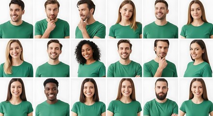 Diverse community of multi-ethnic individuals united in style. Men and women of various ages and backgrounds wearing green shirts.