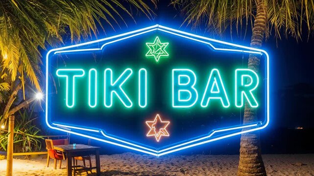 Neon sign at tiki bar on beach with palm trees and cozy seating during nighttime.