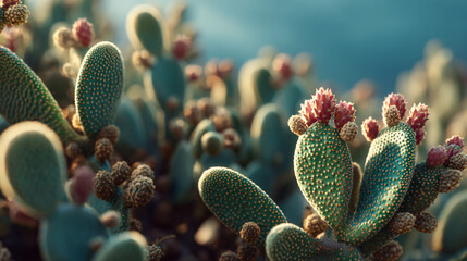 A detailed close up of a prickly pear cactus with small red flowers in bloom outdoors