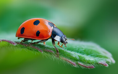 Obraz premium ladybug, ladybird, insect, bug, nature, beetle, macro, red, spring, summer, animal, leaf, grass, isolated, flower, beauty, black, close-up, color, garden, closeup, sky, white, spotted