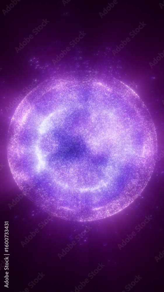 Poster sparkling purple cosmic sphere with shimmering particles radiating outward, representing a luminous 