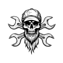 Black and white skull design with wrenches for mechanic and automotive themes