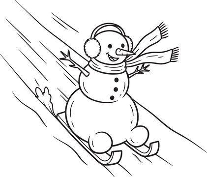 snowman skiing downhill, black and white clip art preview