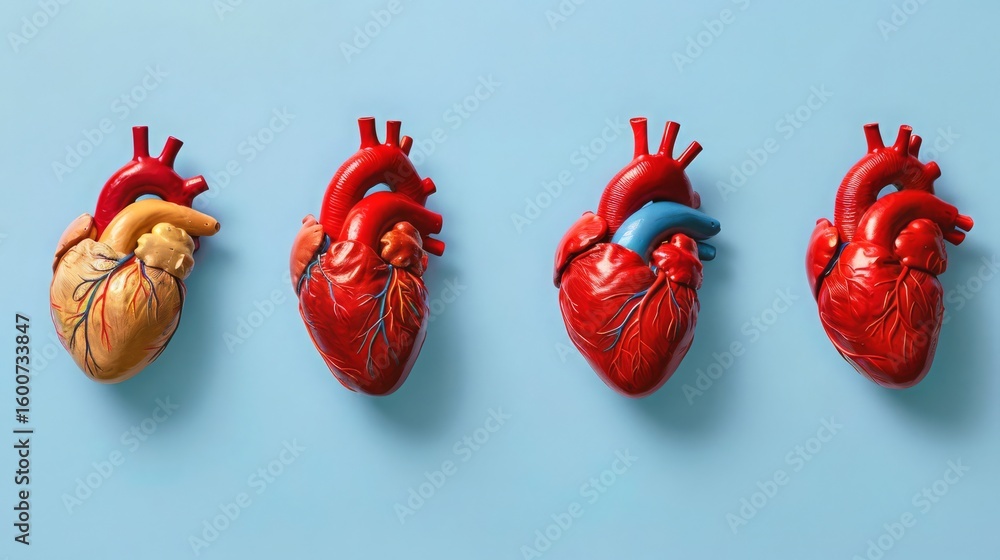Poster four detailed anatomical models of human hearts displayed against a soft blue background, showcasing