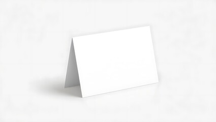A blank white card folded in half standing on a white surface in a studio environment for mockup use