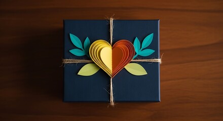 Handmade gift box decorated with a colorful quilled heart and green leaves