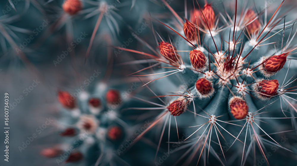 Poster close up shot of a cactus with red buds and sharp white spines on a blurred background