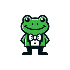 Obraz premium Adorable cartoon green frog wearing a black tuxedo and a white bowtie standing confidently