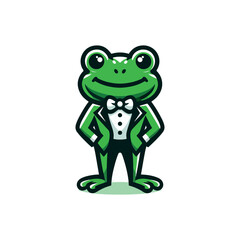 Fototapeta premium Charming cartoon frog wearing a smart green tuxedo and white shirt with a black bowtie