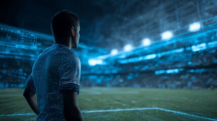 Athlete in Digital Jersey on Futuristic Soccer Stadium Field

