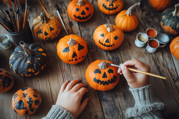 Top-down view of hands painting spooky faces on mini pumpkins for Halloween DIY, creative autumn setting.